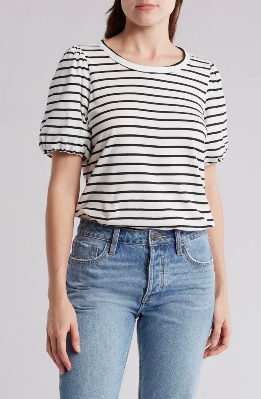 T Tahari Bubble Sleeve T-Shirt White Black Striped Size  XL Top Short Sleeve